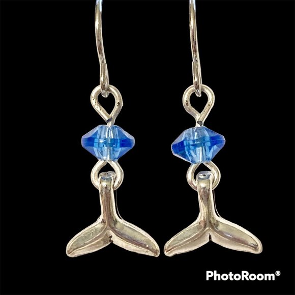 Silver Mermaid Whale Tail Earrings Blue Bead Plated Dangle Dainty Nautical - Picture 5 of 12